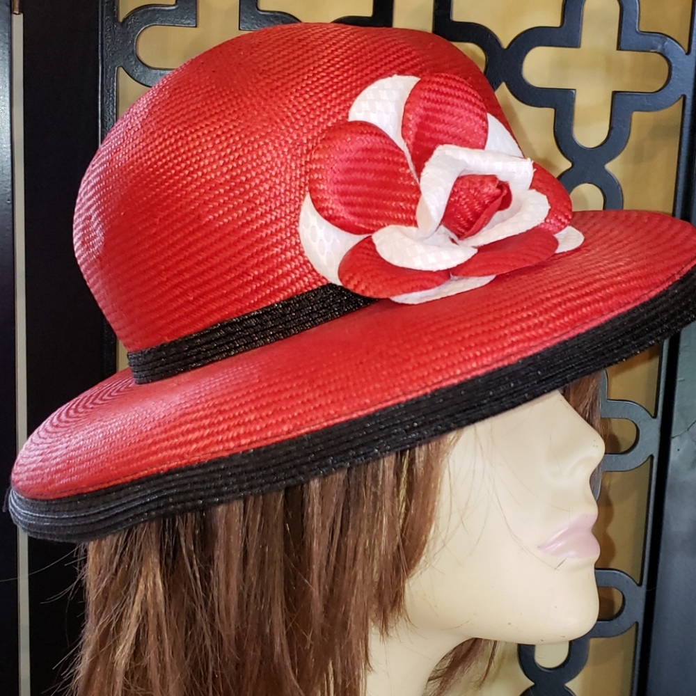 Mr. John New York‎ Paris Red Blk Cream Floral Vintage Derby Church Tea Hat - Picture 3 of 8